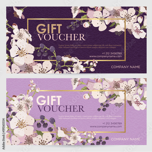 Gift certificate for a spa, beauty salon, shops, cosmetics and restaurants. Gift voucher. Discount card. Flowering branches on a lilac and violet background. Vector illustration