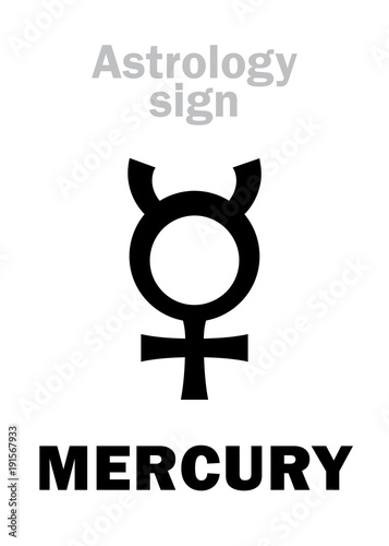 Astrology Alphabet: MERCURY, classic minor mental planet. Hieroglyphics character sign (single symbol).
