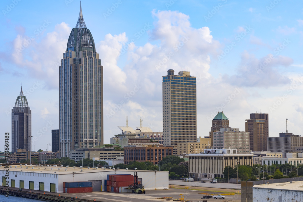 Downtown of Mobile, Alabama, USA and city docks as seeing from port harbour