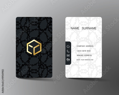 Realistic detailed business card design. With inspiration from geometric. Contact card for company. Two sided  black and white vertical on the gray background. Vector illustration. 