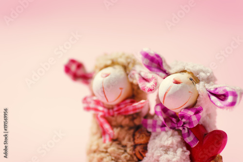 Fototapeta Naklejka Na Ścianę i Meble -  Decoration couple doll with red heart on pink background, valentine day concept