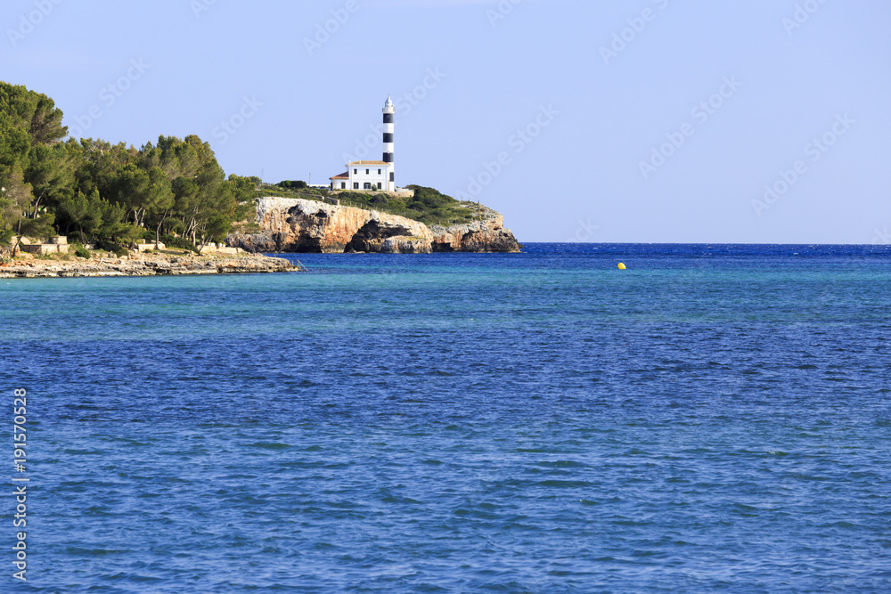 Europe, Spain, Balearic Islands, Mallorca. Porto Colom. Lighthouse.