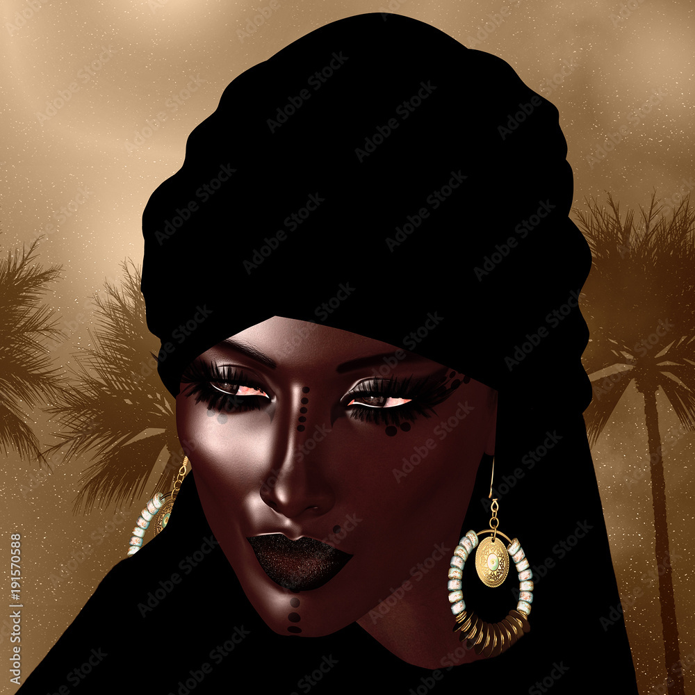 Black Arab Woman from the Saharan sands. A mysterious beauty wearing a