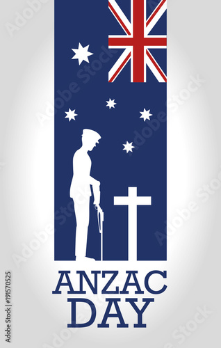 anzac day poster with soldier standing guard vector illustration graphic design