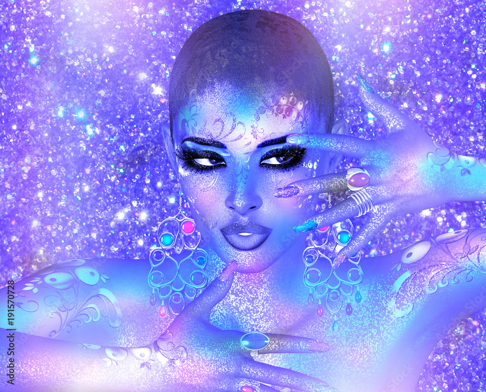 Blue glitter dominates this mysterious woman with a magical collection of lights surrounding her. This is a modern digital art 3d render is great for themes of meditation, fashion, makeup and mystery