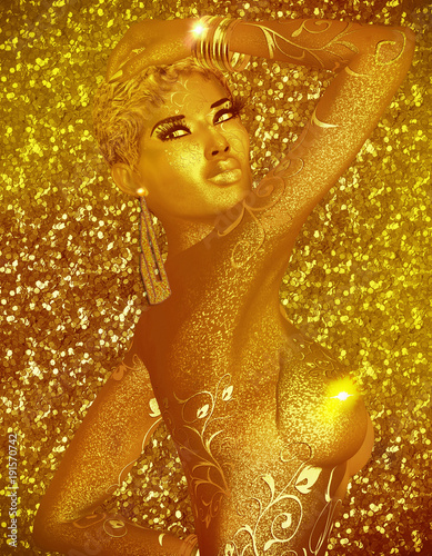 Gold glitter dominates this mysterious woman with a magical collection of lights surrounding her. This is a modern digital art 3d render is great for themes of meditation, fashion, makeup and mystery © Composed Lunacy