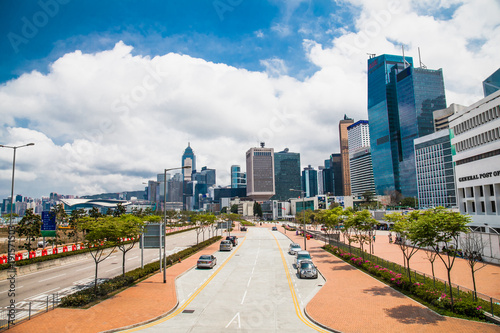 Photography Inner city street with modern skyscrapers . Hong Kong