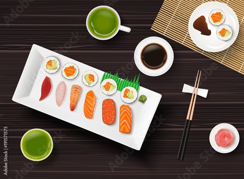 Sushi, Japanese food on wooden table background