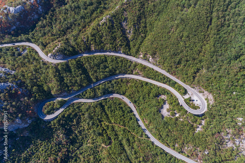 Aerial view on Road serpentine on the road from Petrovac to the Skadar Lake. Montenegro.