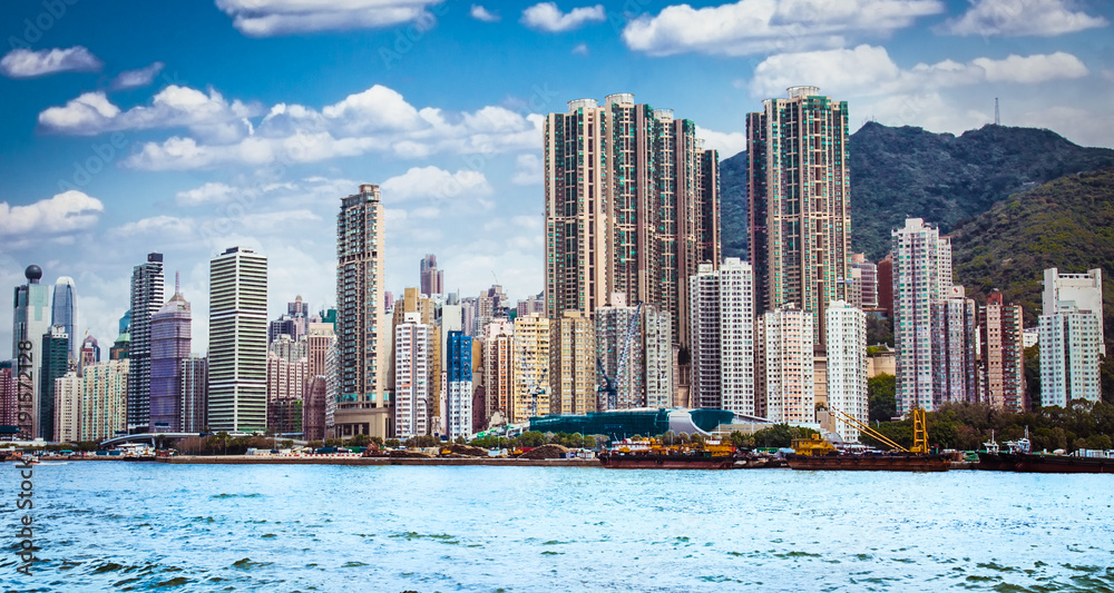 Fototapeta premium Hong Kong City skyline at sunrise day.