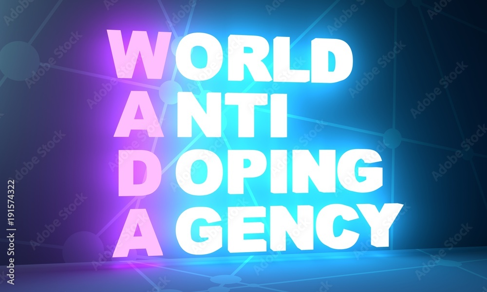Acronym WADA - World Anti Doping Agency. Sport conceptual image. 3D rendering. Neon bulb illumination. Acronym WADA - World Anti Doping Agency. Sport conceptual image. 3D rendering. Neon bulb illumination.