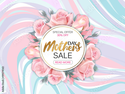 Mother's day sale background with beautiful pink roses on marble background. Vector illustration template banners. Wallpaper flyers, invitation, posters, brochure, voucher discount.