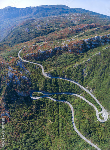 Panoramic aerial view on Road serpentine on the road from Petrovac to the Skadar Lake. Montenegro.