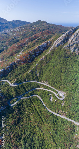 Panoramic aerial view on Road serpentine on the road from Petrovac to the Skadar Lake. Montenegro.