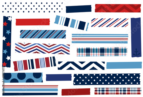 Washi tape vector illustration. Red, white and blue tape strips. Design elements for decoration. Nautical.