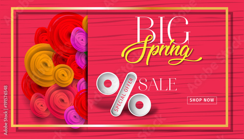 Big spring sale background with beautiful colorful flower. Vector illustration. Wallpaper. flyers, posters, brochure, voucher discount. Spring sale banner with paper flowers for online shopping.