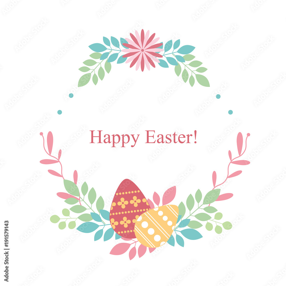 Easter card on white background. Flowers, plants, eggs. Happy Easter. Vector isolated illustration.