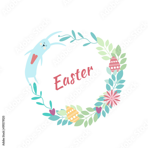Easter round frame. Rabbit, flowers, plants, eggs, hearts. Vector isolated illustration. © Elena