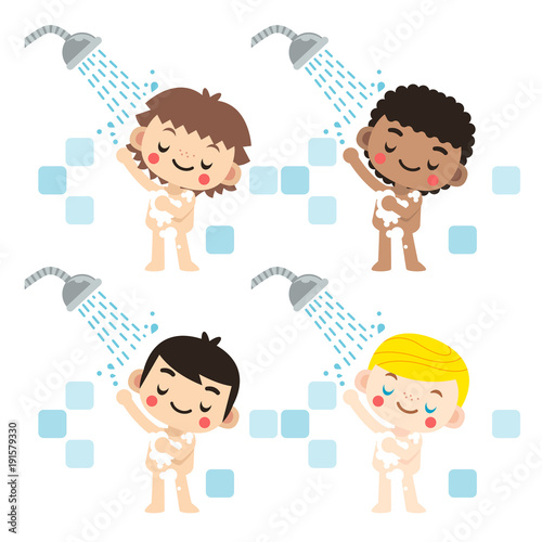 Cute Vector Set of Different Little Boys taking Shower On Blue Tiles Background.