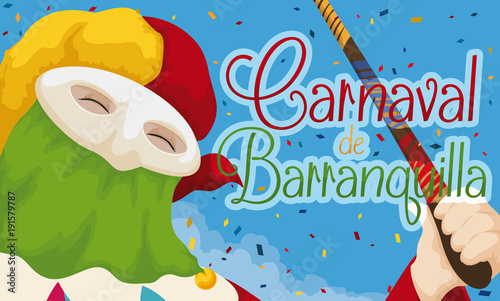 Traditional Monocuco Celebrating Barranquilla's Carnival with Confetti, Vector Illustration photo