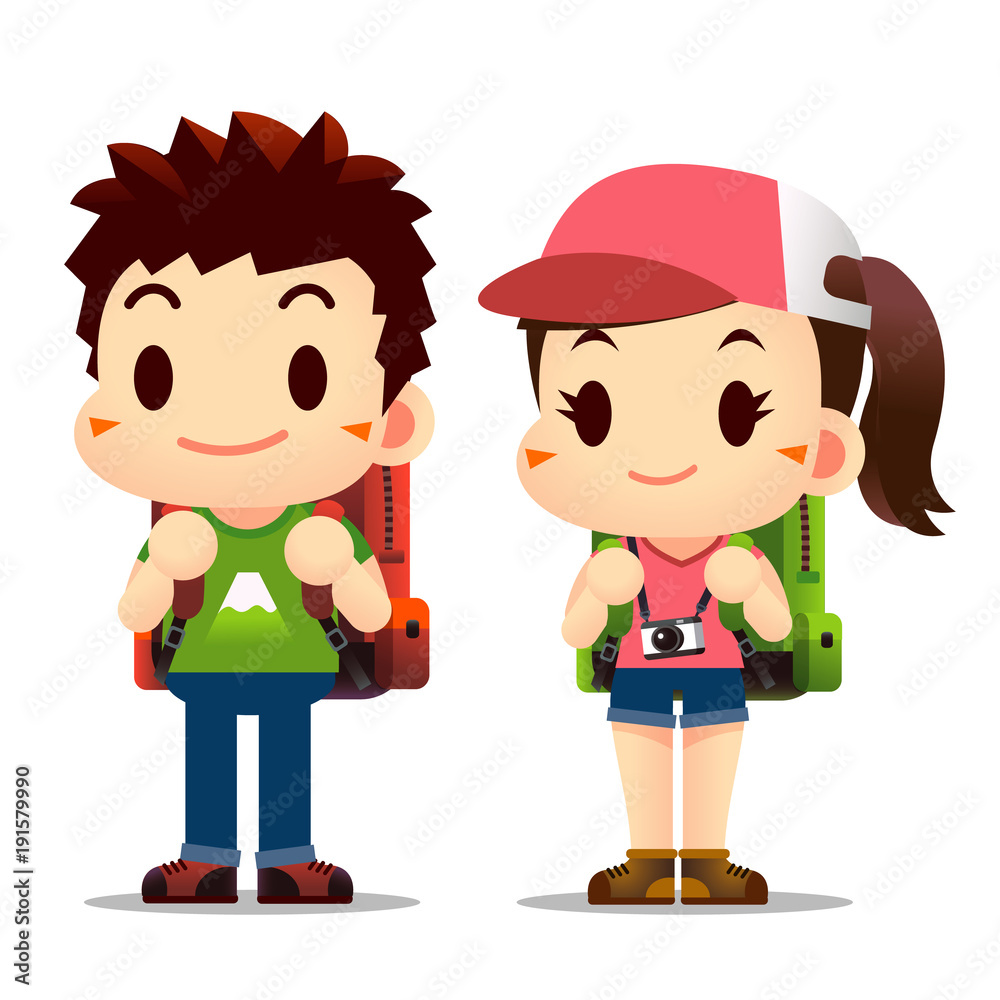Vector of Cute Boy and Girl Backpackers Character isolated on white background Vector of Cute Boy and Girl Backpackers Character isolated on white background