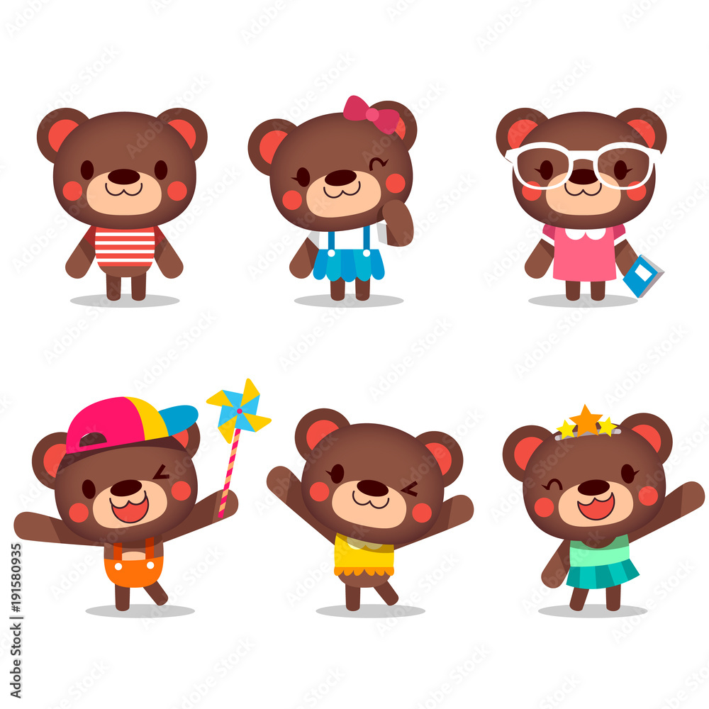 Cute Vector Set of Kiddy Bear in Costume on White Background