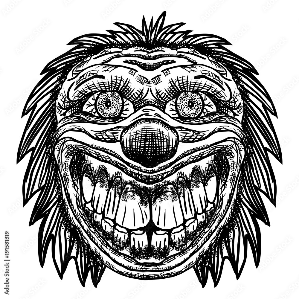 Obraz premium Scary cartoon clown illustration. Blackwork adult flesh tattoo concept. Horror movie zombie clown face character. Vector.