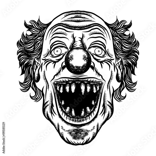 Scary cartoon clown illustration. Blackwork adult flesh tattoo concept. Horror movie zombie clown face character. Vector.