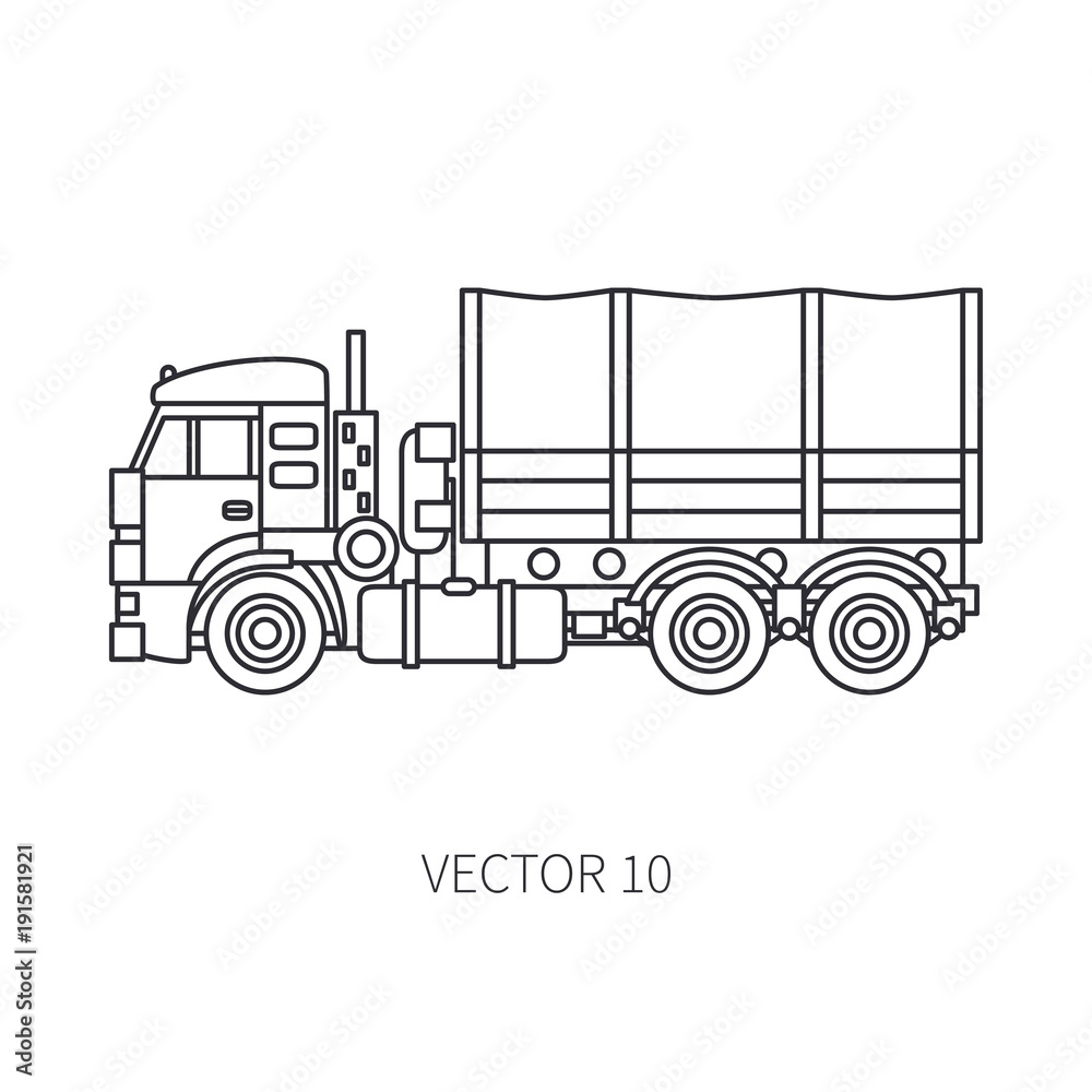 Line flat vector icon construction machinery truck wagon. Industrial style. Corporate cargo delivery. Commercial transportation. Building. Business. Engineering. Diesel power. Illustration for design Line flat vector icon construction machinery truck wagon. Industrial style. Corporate cargo delivery. Commercial transportation. Building. Business. Engineering. Diesel power. Illustration for design