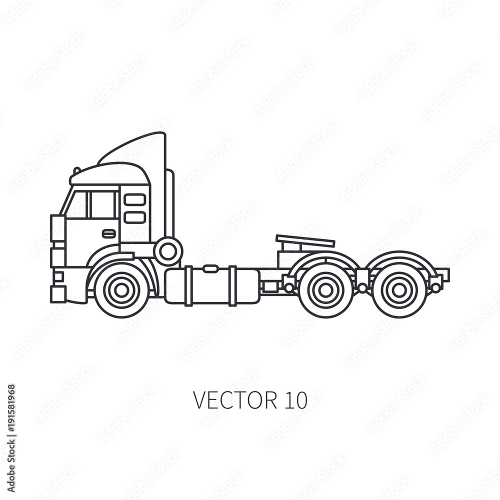 Line vector icon construction machinery truck container. Industrial style. Corporate cargo delivery. Commercial transportation. Building. Business. Engineering. Diesel power. Illustration for design.