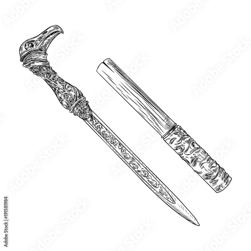 Black work tattoo art hand drawn engraving style medieval knife, dagger for flesh body art. Vintage sketch edged antique weapon. Vector.