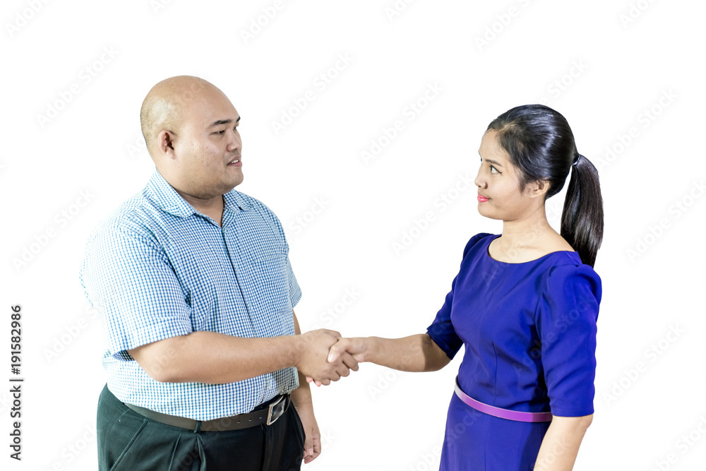 Businesspeople handshaking after negotiation or interview , isolated on white background with clipping path Businesspeople handshaking after negotiation or interview , isolated on white background with clipping path