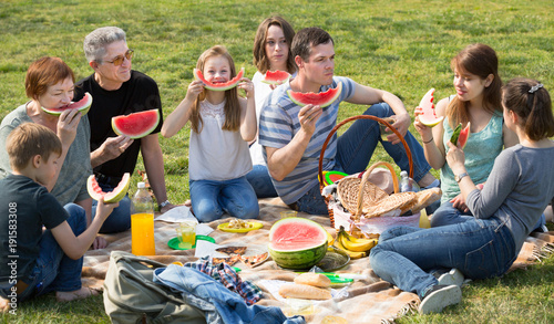 Happy people sitting on picnic together