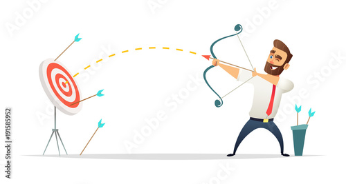 Successful beard businessman character shoots or aiming at the target. Business concept illustration