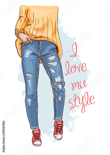 Cute hand drawn sketch of a woman's legs in torn jeans. Fashion poster I love my style. Beautiful casual style. Fashion illustration. Vector.