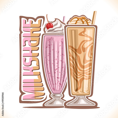 Vector illustration of Milkshake, 2 cold desserts and original typeface for word milkshake, strawberry smoothie with soft serve ice cream and cherry up, vanilla mixed milk shake with caramel syrup.