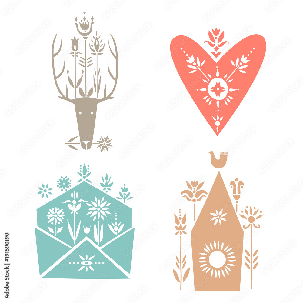 Vector set of spring elements decorated with flowers. Deer, heart, envelope, birdhouse.