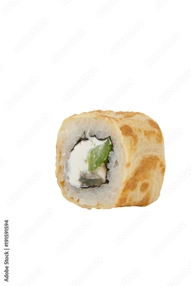 Roll in an omelette with eel and avocado on a white background.