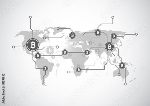 Bitcoin digital currency on world map, technology network concept, futuristic digital money. Vector illustration