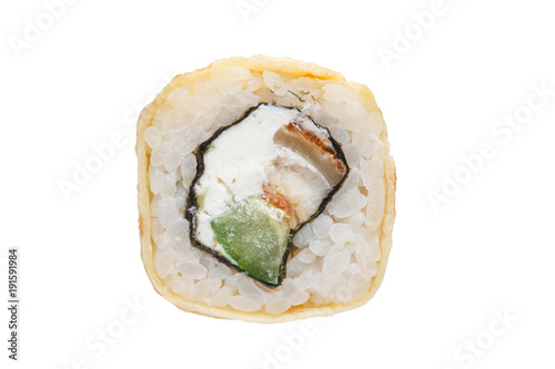 Appetizing roll in an omelette with eel and avocado on a white background.