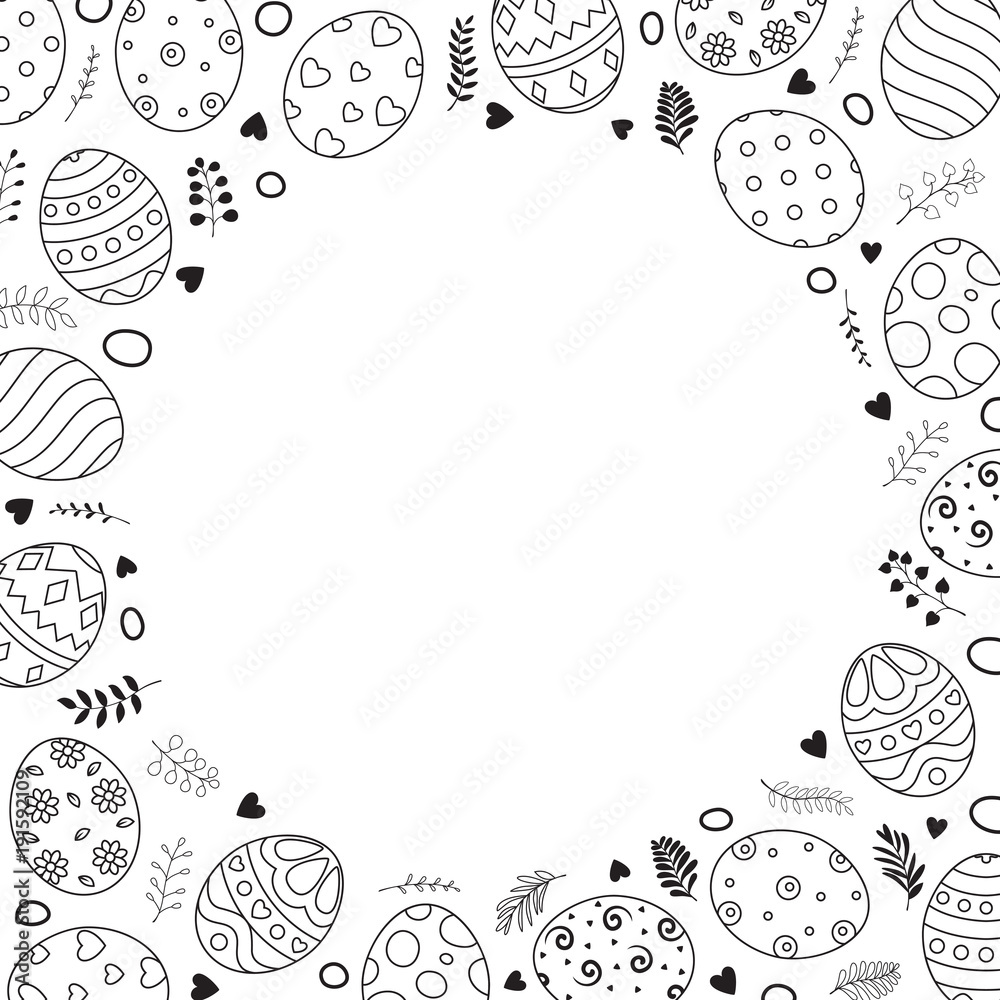 Easter eggs with ornaments in circle space for the text on white background
