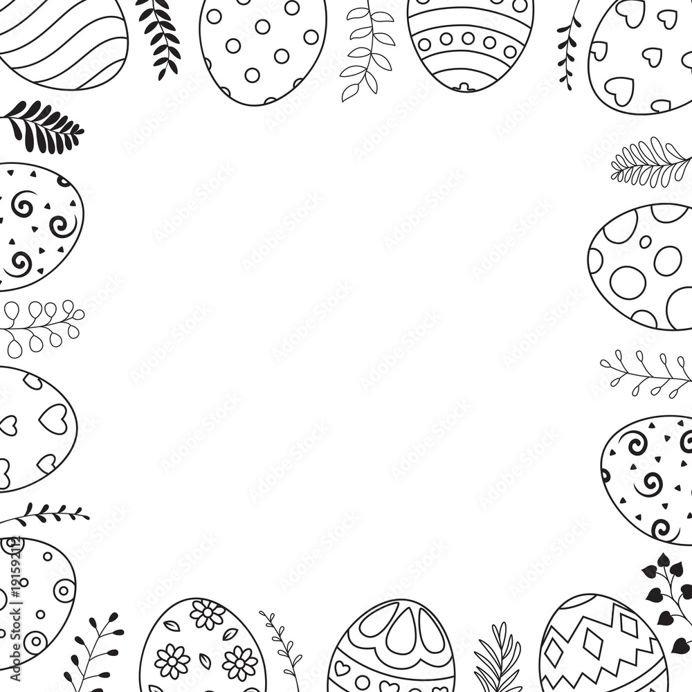 Square frame with easter eggs hand drawn and space for text on white background Square frame with easter eggs hand drawn and space for text on white background