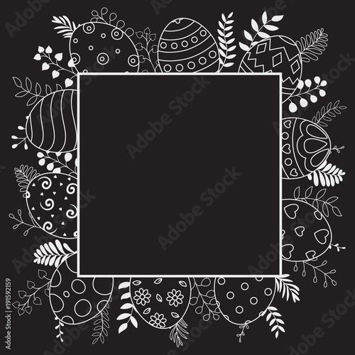 Happy Easter eggs with black frame and ornate eggs on black background 