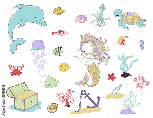 Mermaid, sea animals and water plants