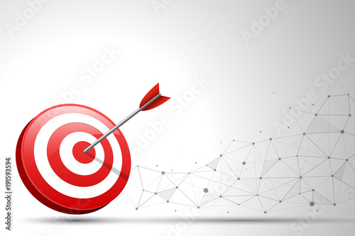 Arrow hitting a target dart on connection point and line background. Concept for target marketing, technology, network connection and target arrow.