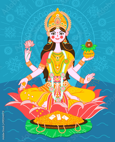Lakshmi on a lotus in a flat style