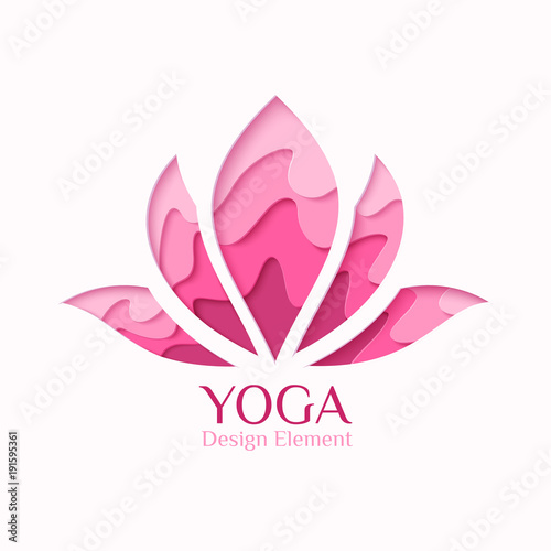 Lotus symbol paper art concept logo. Vector yoga logotype in origami paper cut style