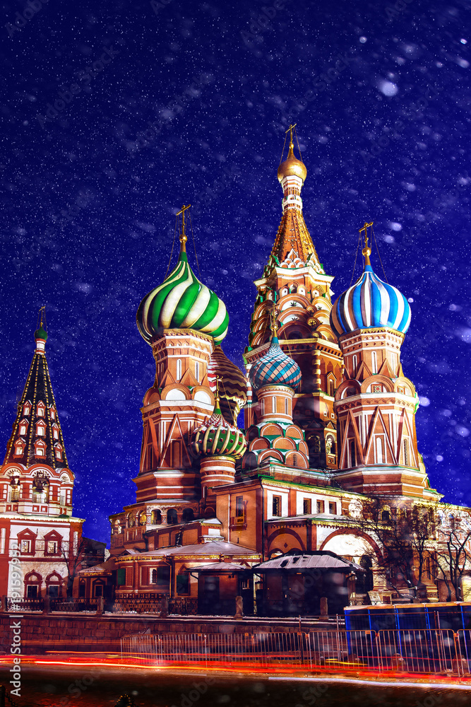 Saint Basil's Church in night in winter with snow. Cathedral in Red Square. Temple in Moscow. Center of Moscow. Incredibly beautiful cathedral in Moscow. St Basil.	