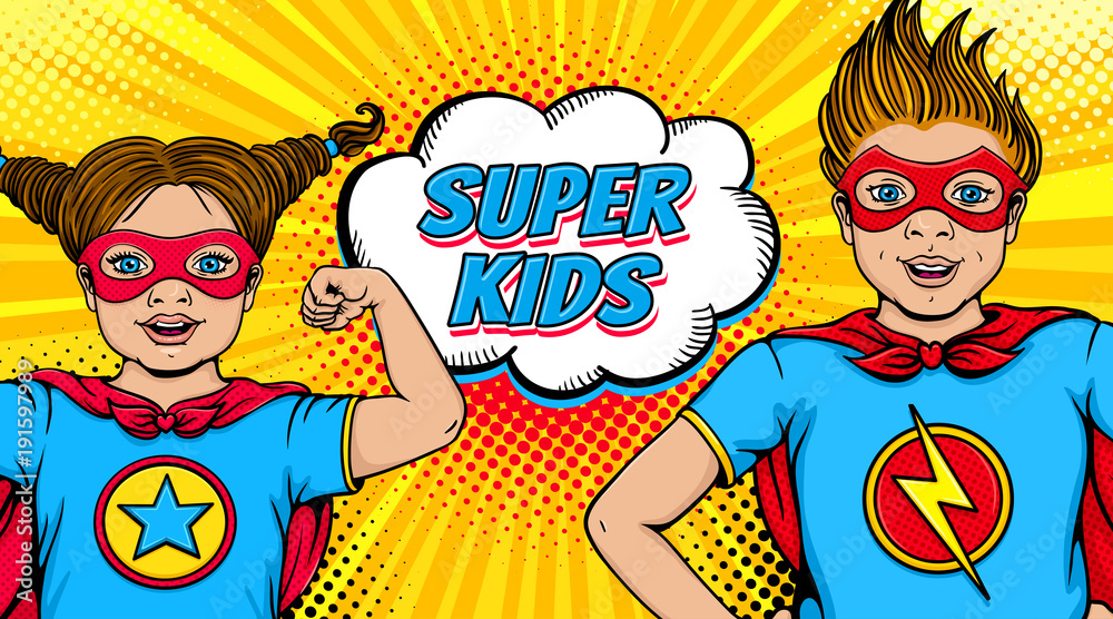 Fototapeta Wow couple. Surprised little girl and happy boy dressed like superheroes with open mouths show power and Super Kids speech bubble. Vector illustration in retro pop art comic style. Invitation poster.