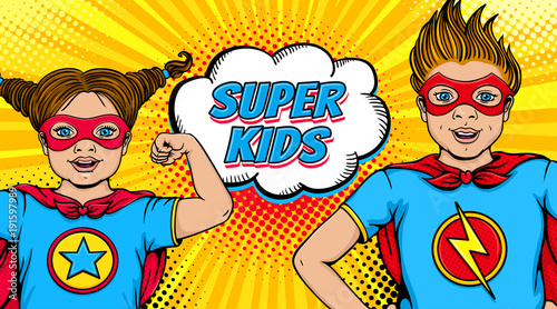 Wow couple. Surprised little girl and happy boy dressed like superheroes with open mouths show power and Super Kids speech bubble. Vector illustration in retro pop art comic style. Invitation poster.